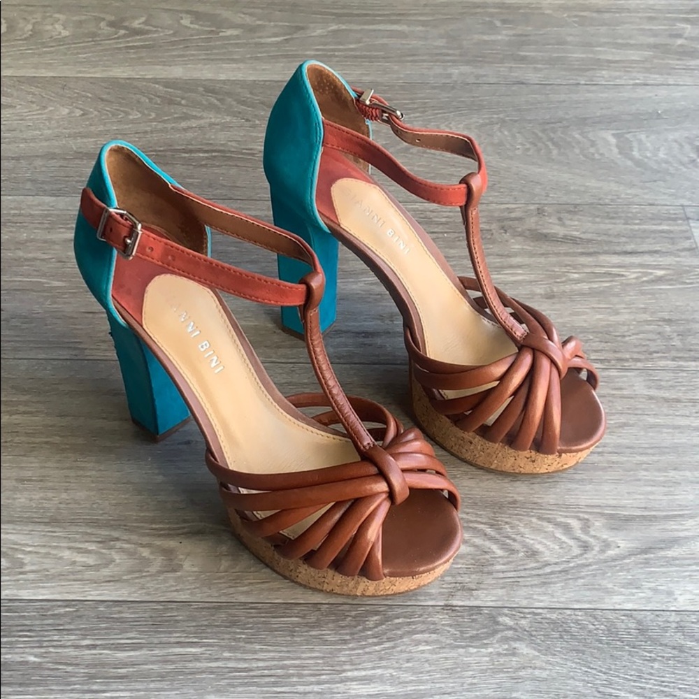 Gianni Bini Lori T-Strap - Brown & Teal - Size 7.5